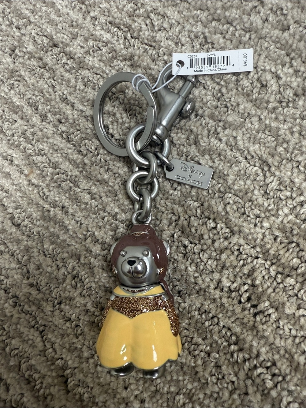 Coach Disney X Princess Belle Bear Keychain in Yellow and Brown with Silver - Picture 1 of 8